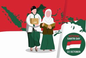 dos adolescentes celebrando el día nacional santri de indonesia. ilustración vectorial, fondo de bandera roja y blanca vector