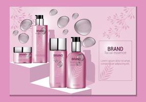 set de cosmética de agua termal con esencia facial, crema hidratante y crema. fondo de burbujas rosa vector
