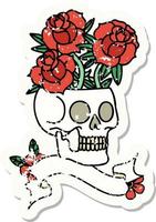 pegatina grunge con una pancarta de una calavera y rosas vector