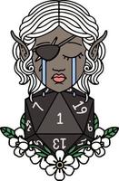 crying elf rogue character face with natural one D20 roll illustration vector