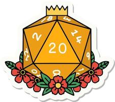 natural 20 D20 dice roll with floral elements sticker vector