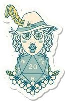 elf bard character with natural twenty dice roll sticker vector