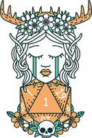 crying elf druid character face with natural one D20 roll illustration vector