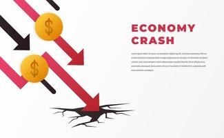 Economy crash, inflation, bankrupt financial crisis with downtrend arrow with dollar money concept with white background vector