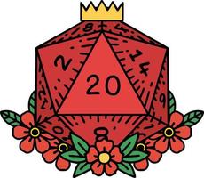 natural 20 D20 dice roll with floral elements illustration vector