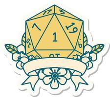 natural one d20 dice roll sticker vector