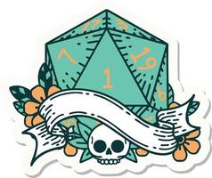 natural one d20 dice roll sticker vector