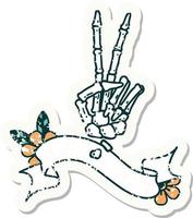 grunge sticker with banner of a skeleton hand giving a peace sign vector