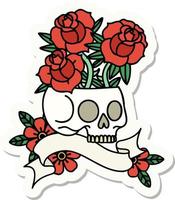 tattoo sticker with banner of a skull and roses vector