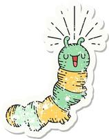 grunge sticker of tattoo style happy caterpillar vector
