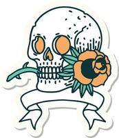 tattoo sticker with banner of a skull and rose vector