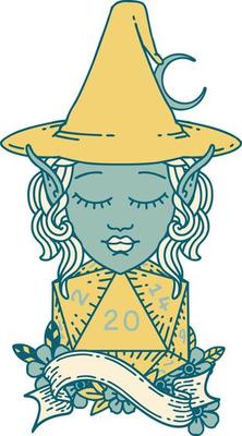 elf mage character with natural twenty dice roll illustration