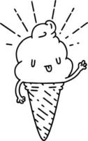 traditional black line work tattoo style ice cream character waving vector