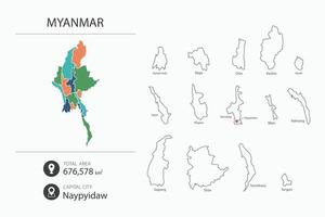 mapa de myanmar con mapa detallado del país. elementos del mapa de ciudades, áreas totales y capital. vector