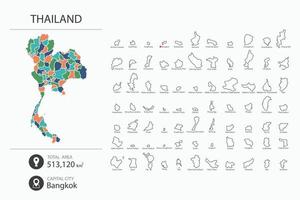 Map of Thailand with detailed country map. Map elements of cities, total areas and capital. vector