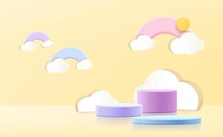 Minimal lovely concept mock up podium with cloud  background 3d render. vector