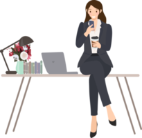 working woman checking her mobile on table in office png