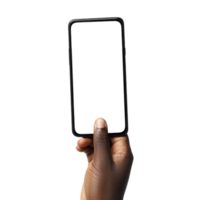 Black hand holding phone facing camera isolated on transparent background. blank screen, phone screen mockup, front view, clipping path, clipping mask png