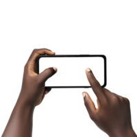 Black hand holding phone facing camera isolated on transparent background. blank screen, phone screen mockup, front view, clipping path, clipping mask png