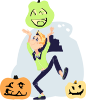 Cheerful cartoon teenager celebrating Halloween, holding a pumpkin over his head, dancing. png