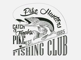 vintage club emblem, Spinning for fly fishing and jumping pike, grunge monochrome  t-shirt design