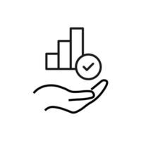 Gift, charity, support symbol. Vector sign drawn with black line. Monochrome image for adverts, banners, stores etc. Line icon of progress bar over outstretched hand