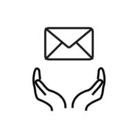 Support, present and charity concept. Modern vector sign drawn with black thin line. Editable stroke. Vector line icon of envelope over outstretched hands