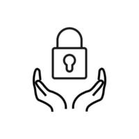 Support, present and charity concept. Modern vector sign drawn with black thin line. Editable stroke. Vector line icon of lock with keyhole over outstretched hands