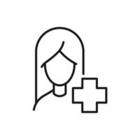 Profession, occupation, hobby of woman. Outline sign drawn with black thin line. Editable stroke. Vector monochrome line icon of medical cross by female