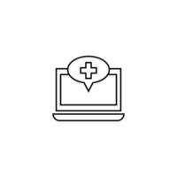 Computer, internet and communication concept. Modern monochrome sign in flat style. Suitable for web sites, stores, books etc. Line icon of medical cross inside of speech bubble on laptop monitor vector