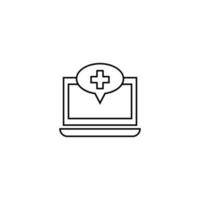 Computer, internet and communication concept. Modern monochrome sign in flat style. Suitable for web sites, stores, books etc. Line icon of medical cross inside of speech bubble on laptop monitor vector