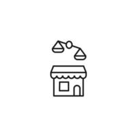 Store and shop concept. Outline sign suitable for web sites, stores, shops, internet, advertisement. Editable stroke drawn with thin line. Icon of scales over shop vector