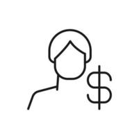 Hobby, business, profession of man. Modern vector outline symbol in flat style with black thin line. Monochrome icon of dollar by anonymous male