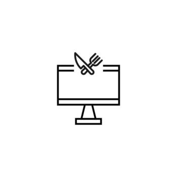 signo monocromo dibujado con una delgada línea negra. perfecto para recursos de internet, tiendas, libros, tiendas, publicidad. icono vectorial de cuchillo cruzado y tenedor dentro de la computadora vector