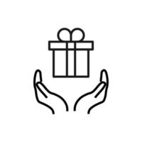 Support, present and charity concept. Modern vector sign drawn with black thin line. Editable stroke. Vector line icon of giftbox over outstretched hands