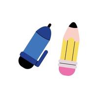 Blue pen and sharp wooden pencil with rubber eraser for drawing , writing. Time to school. Children's cute stationery subjects. Back to school, college, education, study vector