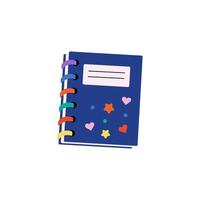 School textbook with stickers. Paper book with bookmarks. Notes, schedule notes, diary. Time to school. Children's cute stationery subjects. Back to school, science, college, education, study vector