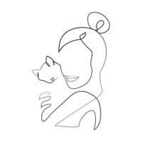 Woman with cat one line art drawing vector