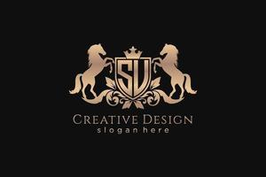 initial SU Retro golden crest with shield and two horses, badge template with scrolls and royal crown - perfect for luxurious branding projects vector