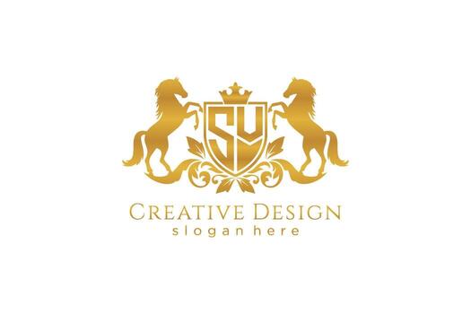 initial SV Retro golden crest with shield and two horses, badge template with scrolls and royal crown - perfect for luxurious branding projects vector