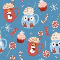 Seamless pattern with winter drinks and sweets. Vector graphics.