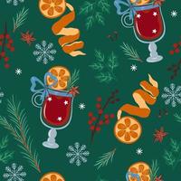 Seamless pattern with mulled wine, oranges, spruce branches and berries. Vector graphics.