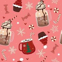 Seamless pattern with winter drinks and sweets. Vector graphics.