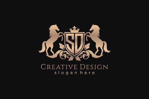 initial SO Retro golden crest with shield and two horses, badge template with scrolls and royal crown - perfect for luxurious branding projects vector