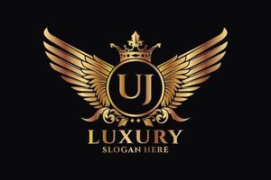 Luxury royal wing Letter UJ crest Gold color Logo vector, Victory logo, crest logo, wing logo, vector logo template.