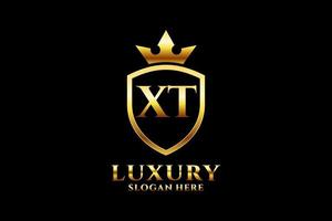 initial XT elegant luxury monogram logo or badge template with scrolls and royal crown - perfect for luxurious branding projects vector