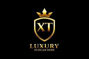 initial XT elegant luxury monogram logo or badge template with scrolls and royal crown - perfect for luxurious branding projects vector