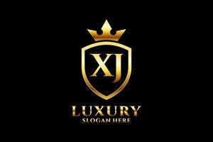 initial XJ elegant luxury monogram logo or badge template with scrolls and royal crown - perfect for luxurious branding projects vector