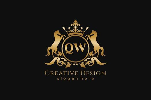 initial QW Retro golden crest with circle and two horses, badge template with scrolls and royal crown - perfect for luxurious branding projects vector