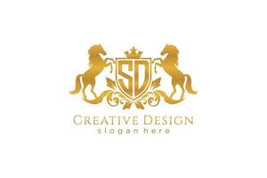 initial SD Retro golden crest with shield and two horses, badge template with scrolls and royal crown - perfect for luxurious branding projects vector